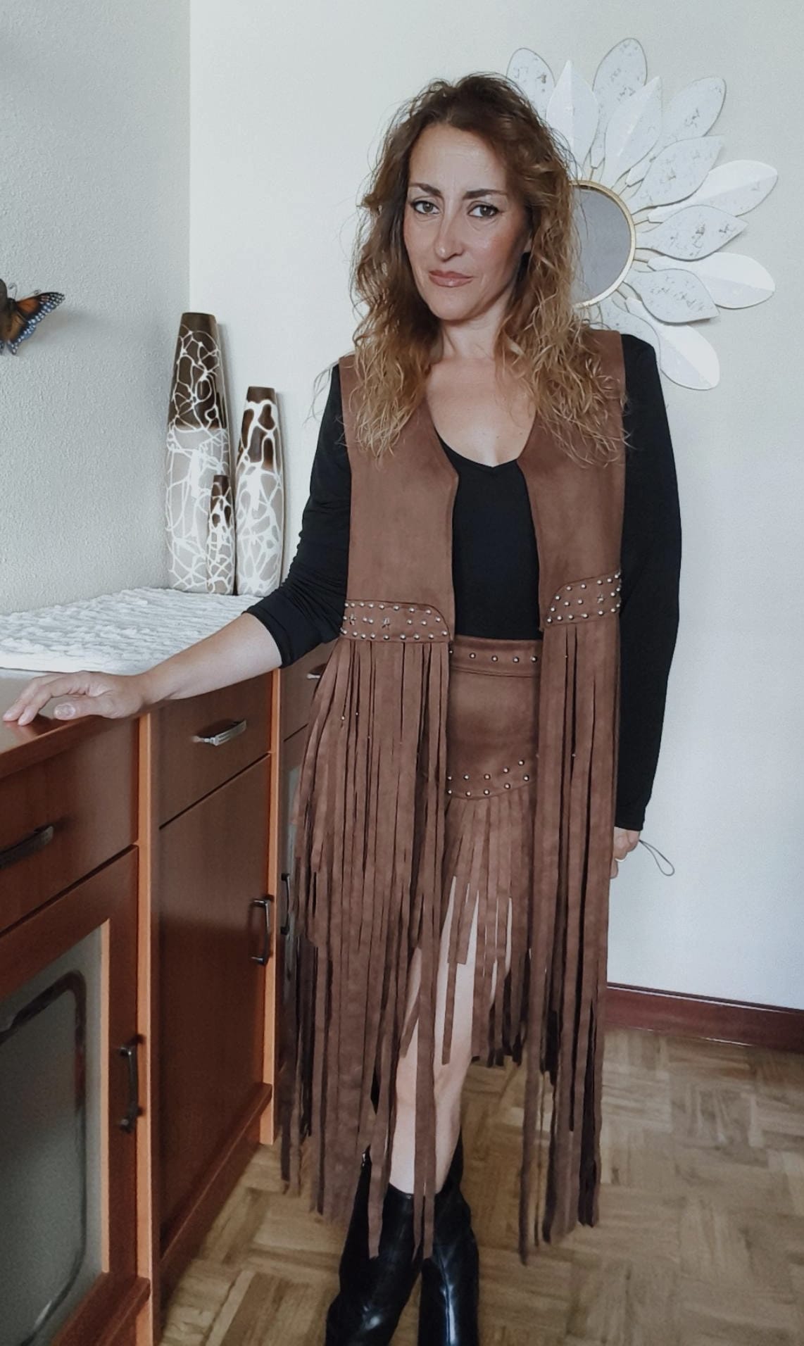 Falda pantalón antelina flecos marrón - Imagen 2