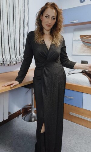 VESTIDO NEGRO LUREX BRILLO PLATA